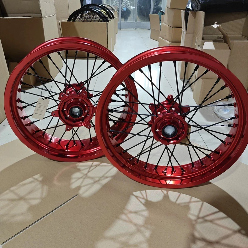 Heavy Duty Supermoto Wheel Set Red Hub Black Spokes for Dirt Bike Conversion