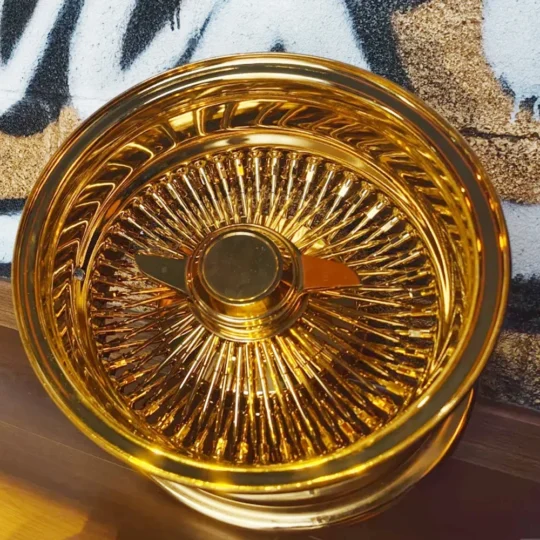 13 Inch Gold Chrome Lowrider Wire Wheels 5x114.3 Deep Dish Knock-off Spoke Rims