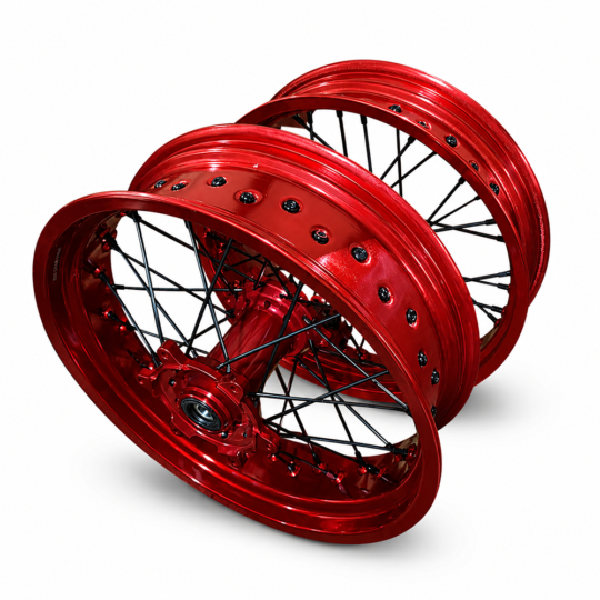 Heavy Duty Supermoto Wheel Set Red Hub Black Spokes for Dirt Bike Conversion
