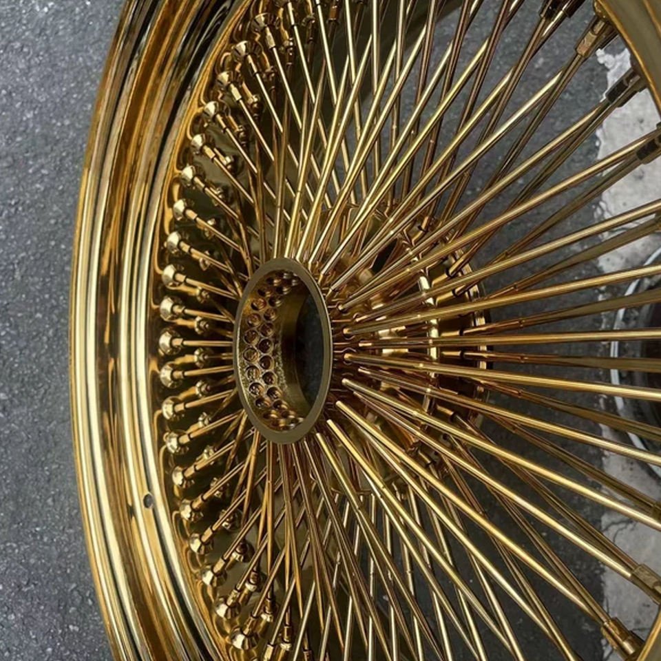 20/22 Inch Steel Retro Gold Chrome Wire Spoke Wheels Staggered Custom Rims 4 20/22 Inch Steel Retro Gold Chrome Wire Spoke Wheels Staggered Custom Rims