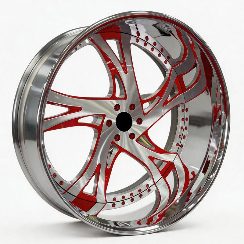 Custom 2/3-Piece Deep Dish Forged Wheels, Red Brush Chrome Finish Custom 2/3-Piece Deep Dish Forged Wheels, Red Brush Chrome Finish