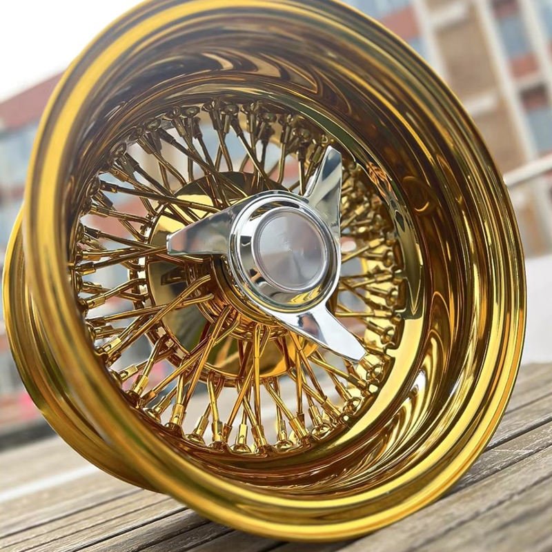 100 Spoke Gold Chrome Alloy Wire Rims 13-16 Inch, for Vintage Automobile Custom Refit Projects 100 Spoke Gold Chrome Alloy Wire Rims 13-16 Inch, for Vintage Automobile Custom Refit Projects