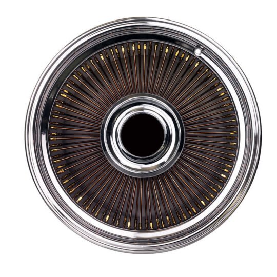 Chrome wire spoke wheel face with a high spoke count and polished outer flange